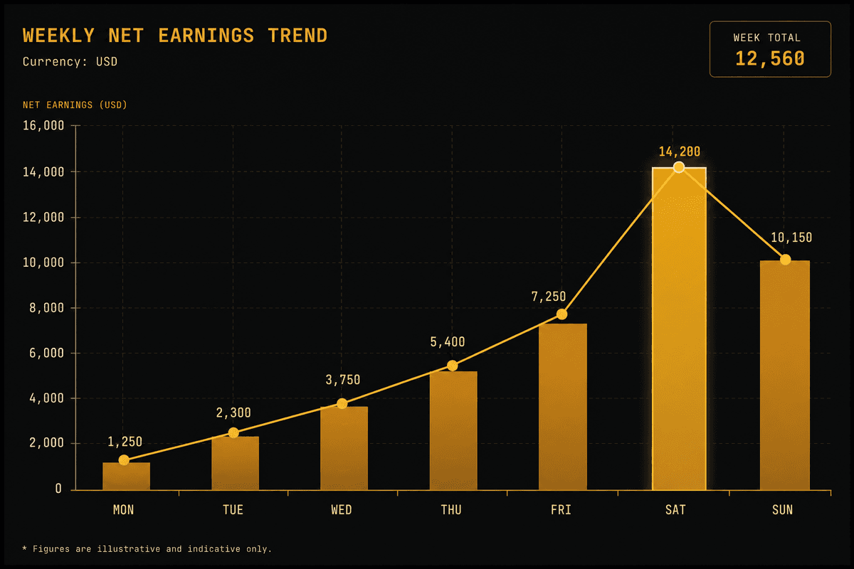 Weekly net earnings trend chart (indicative)