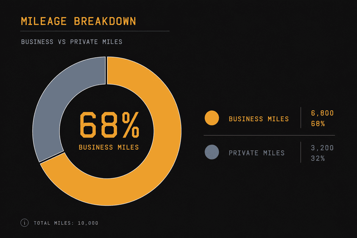 Business vs private mileage donut chart (indicative)