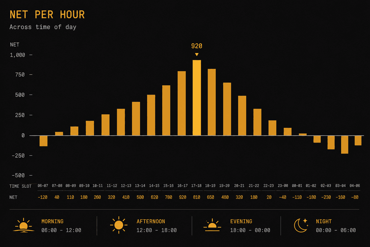 Net earnings per hour bar chart (indicative)